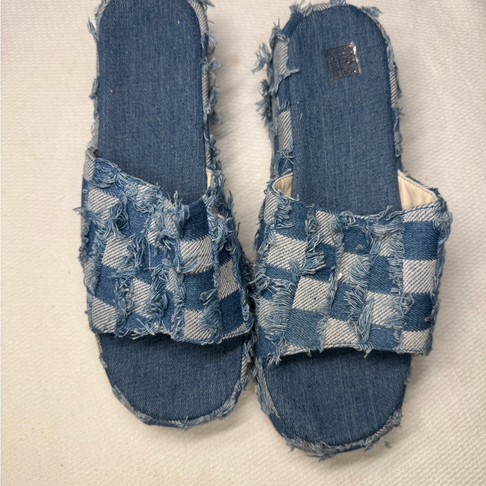 Denim Checkered Wedge Sandals